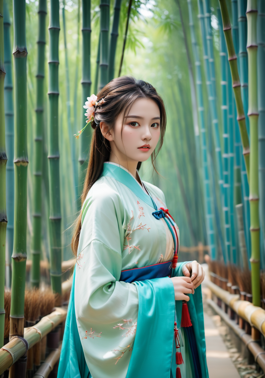 41297-1135579294-an 18-year-old girl,top corner,wearing a Chinese Hanfu costume,standing behind a bamboo forest,featuring intricate bamboo forest.png